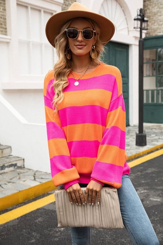 Angel Wings Striped Balloon Sleeve Knit Pullover - ShalayeFashion