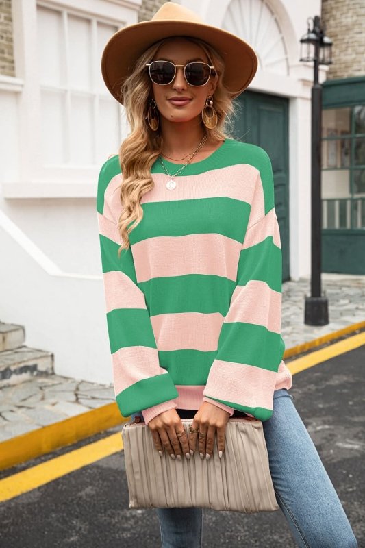 Angel Wings Striped Balloon Sleeve Knit Pullover - ShalayeFashion