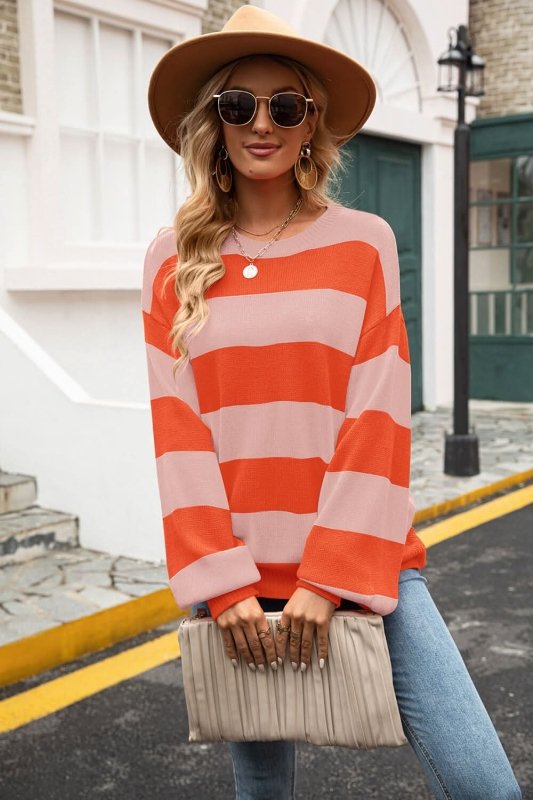 Angel Wings Striped Balloon Sleeve Knit Pullover - ShalayeFashion