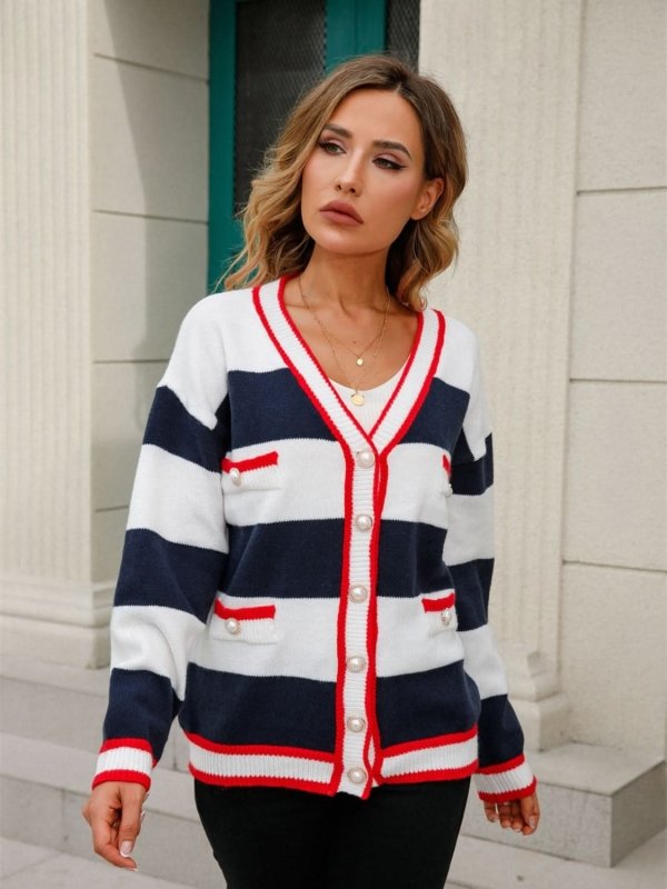Angel Wings Striped Button Down Cardigan - ShalayeFashion
