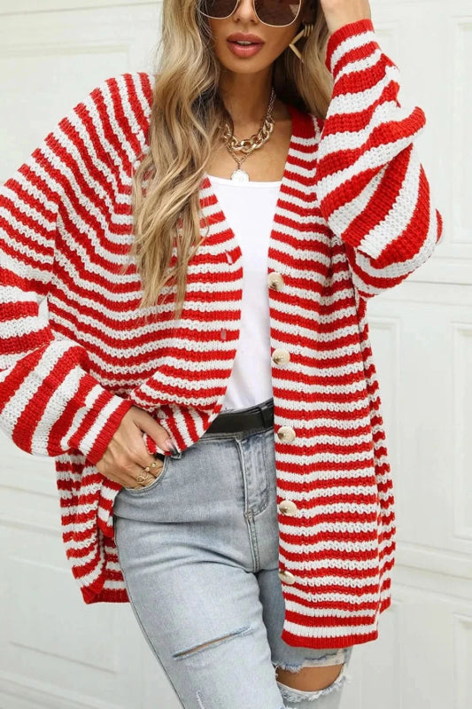 Angel Wings Striped Button Up Long Sleeve Cardigan - ShalayeFashion