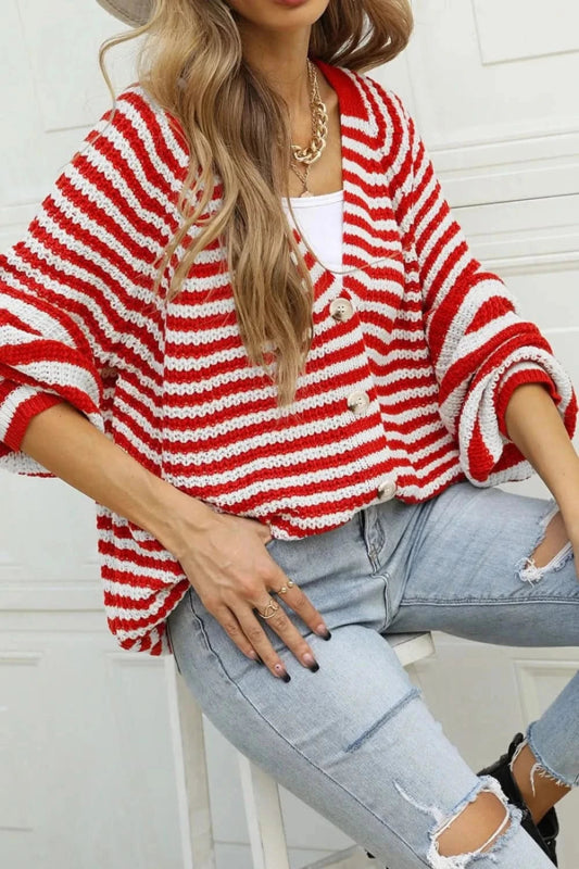 Angel Wings Striped Button Up Long Sleeve Cardigan - ShalayeFashion