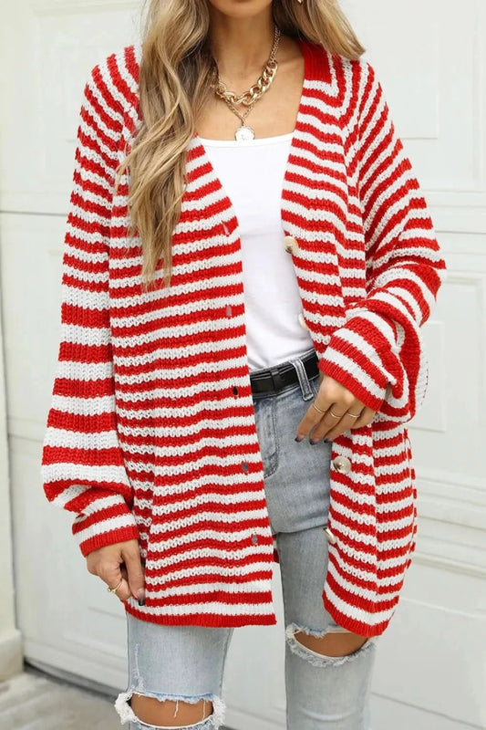 Angel Wings Striped Button Up Long Sleeve Cardigan - ShalayeFashion