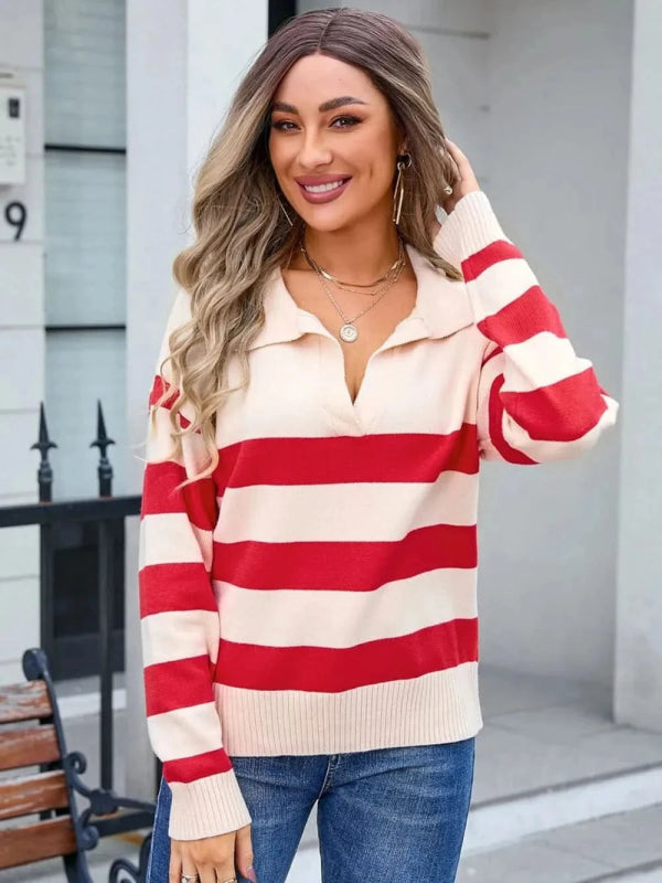 Angel Wings Striped Johnny Collar Knit Top - ShalayeFashion
