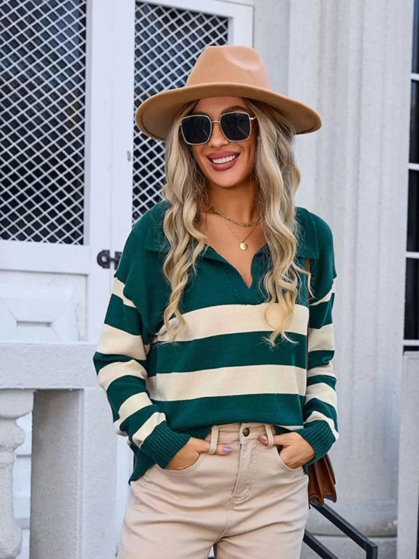 Angel Wings Striped Johnny Collar Knit Top - ShalayeFashion