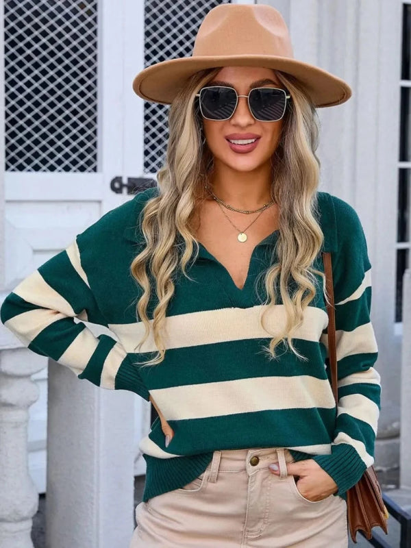 Angel Wings Striped Johnny Collar Knit Top - ShalayeFashion