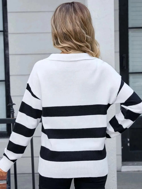 Angel Wings Striped Johnny Collar Knit Top - ShalayeFashion
