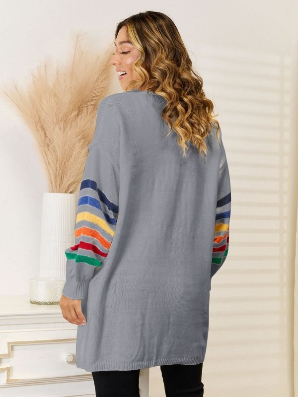 Angel Wings Striped Open Front Dropped Shoulder Cardigan - ShalayeFashion