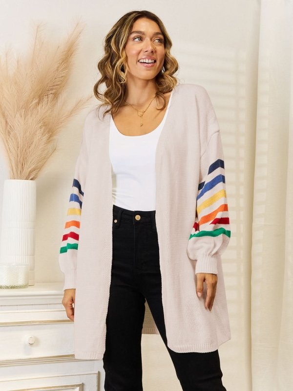 Angel Wings Striped Open Front Dropped Shoulder Cardigan - ShalayeFashion