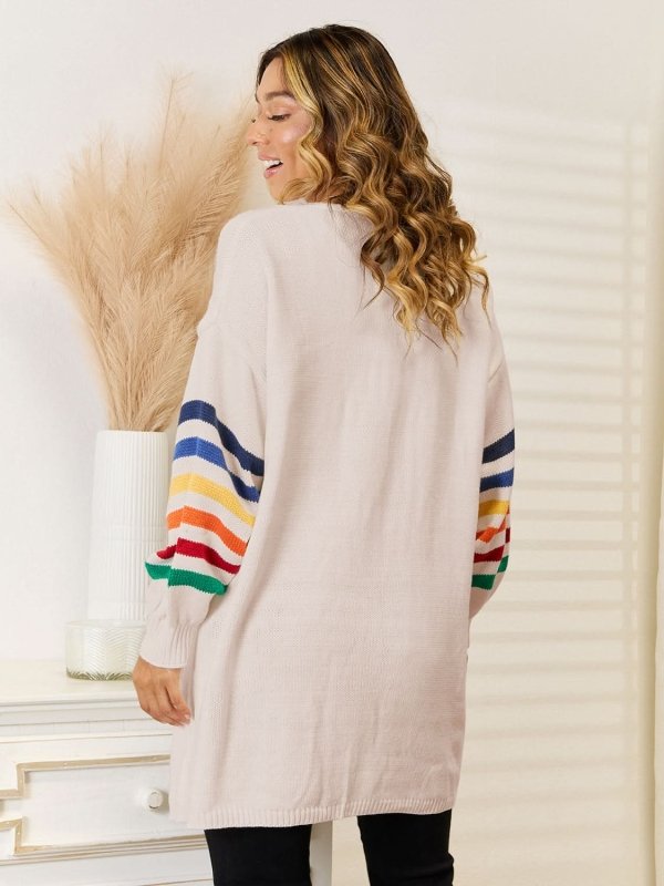 Angel Wings Striped Open Front Dropped Shoulder Cardigan - ShalayeFashion