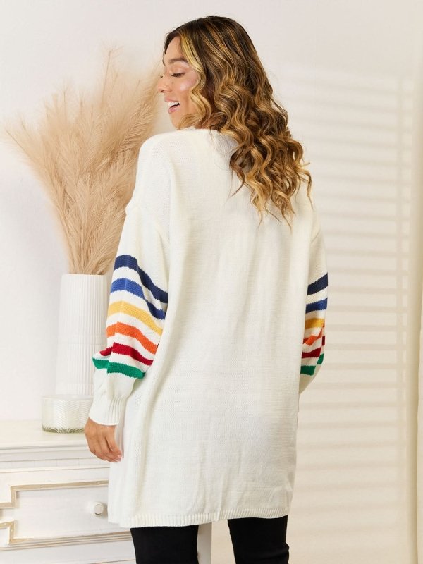 Angel Wings Striped Open Front Dropped Shoulder Cardigan - ShalayeFashion