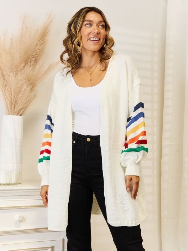 Angel Wings Striped Open Front Dropped Shoulder Cardigan - ShalayeFashion