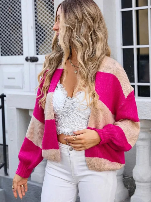Angel Wings Striped Open Front Dropped Shoulder Cardigan - ShalayeFashion