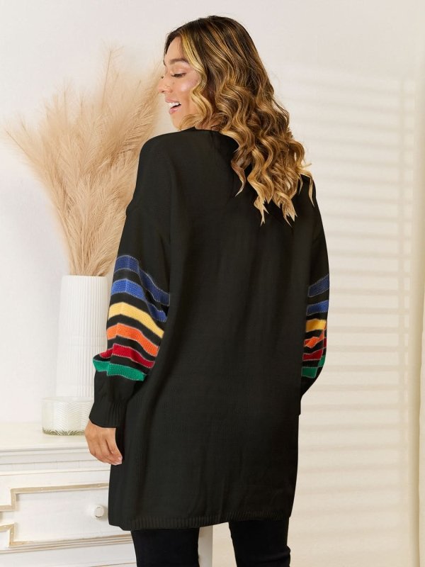 Angel Wings Striped Open Front Dropped Shoulder Cardigan - ShalayeFashion