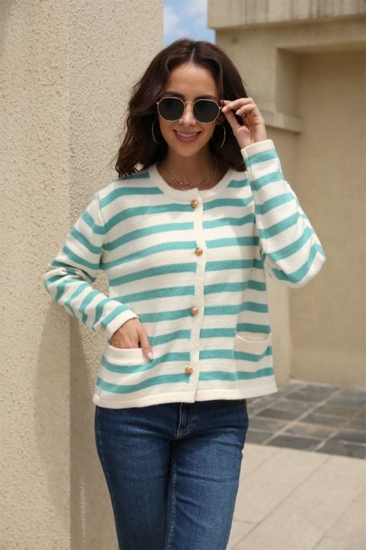 Angel Wings Striped Round Neck Button - Down Dropped Shoulder Cardigan - ShalayeFashion