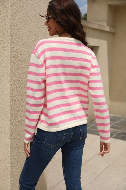 Angel Wings Striped Round Neck Button - Down Dropped Shoulder Cardigan - ShalayeFashion