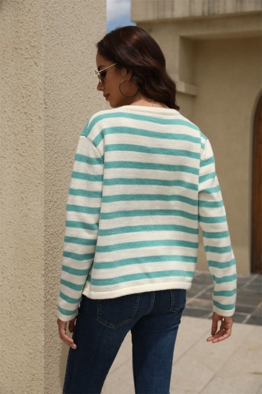 Angel Wings Striped Round Neck Button - Down Dropped Shoulder Cardigan - ShalayeFashion