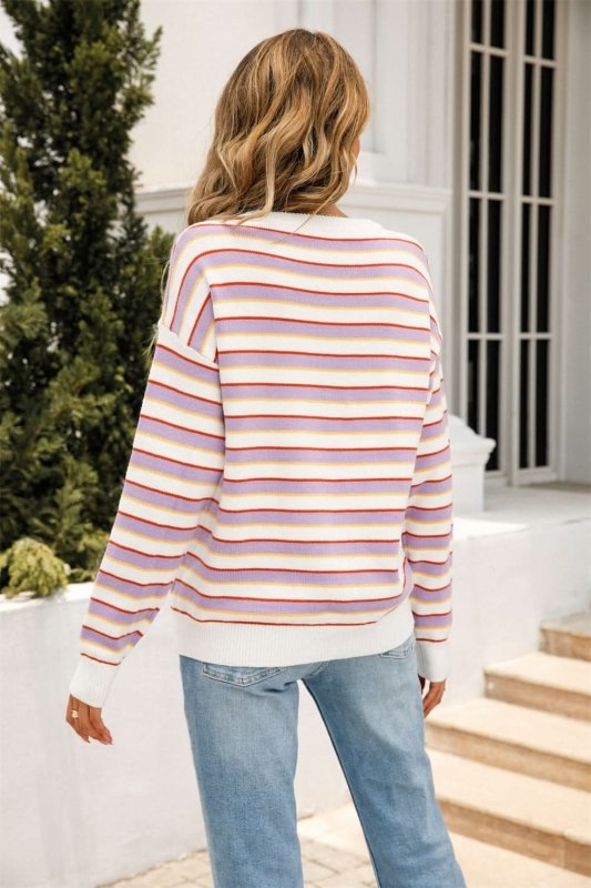Angel Wings Striped Round Neck Dropped Shoulder Knit Top - ShalayeFashion