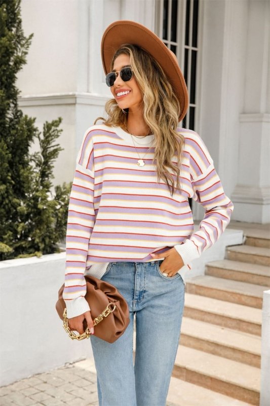 Angel Wings Striped Round Neck Dropped Shoulder Knit Top - ShalayeFashion