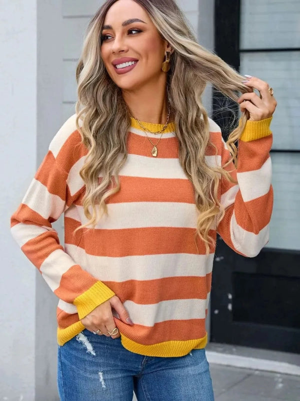 Angel Wings Striped Round Neck Dropped Shoulder Sweater - ShalayeFashion