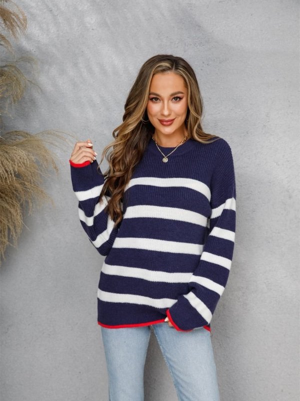 Angel Wings Striped Round Neck Dropped Shoulder Sweater - ShalayeFashion