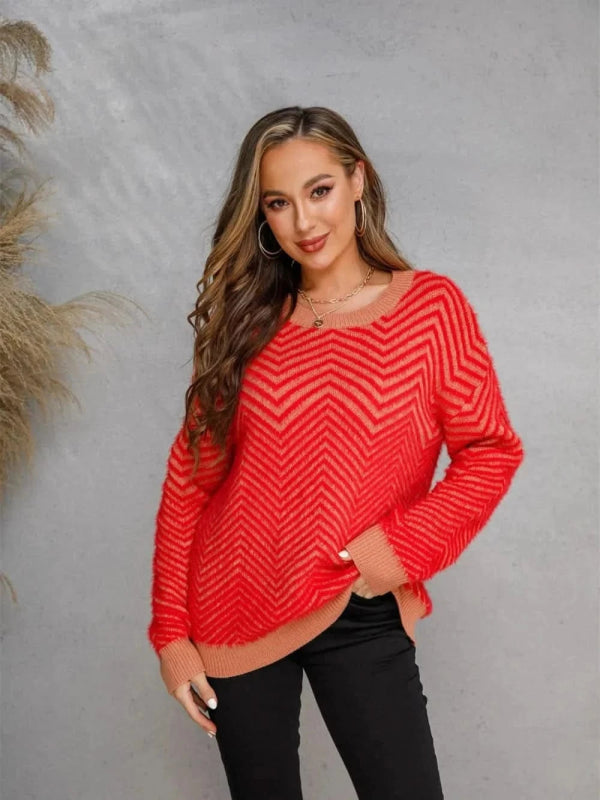 Angel Wings Striped Round Neck Dropped Shoulder Sweater - ShalayeFashion