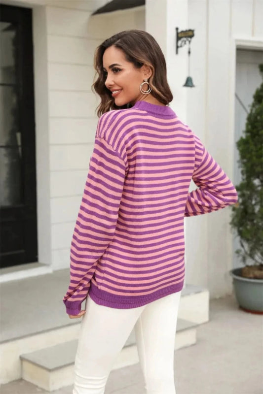 Angel Wings Striped Round Neck Dropped Shoulder Sweater - ShalayeFashion