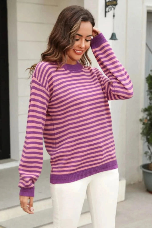 Angel Wings Striped Round Neck Dropped Shoulder Sweater - ShalayeFashion
