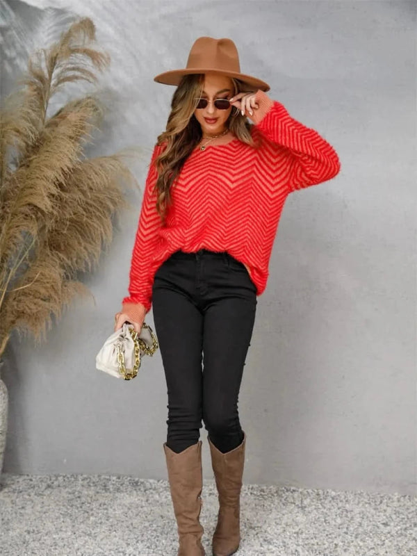 Angel Wings Striped Round Neck Dropped Shoulder Sweater - ShalayeFashion