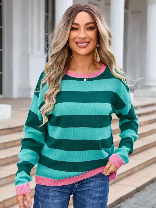 Angel Wings Striped Round Neck Dropped Shoulder Sweater - ShalayeFashion