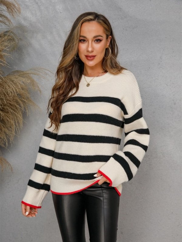 Angel Wings Striped Round Neck Dropped Shoulder Sweater - ShalayeFashion
