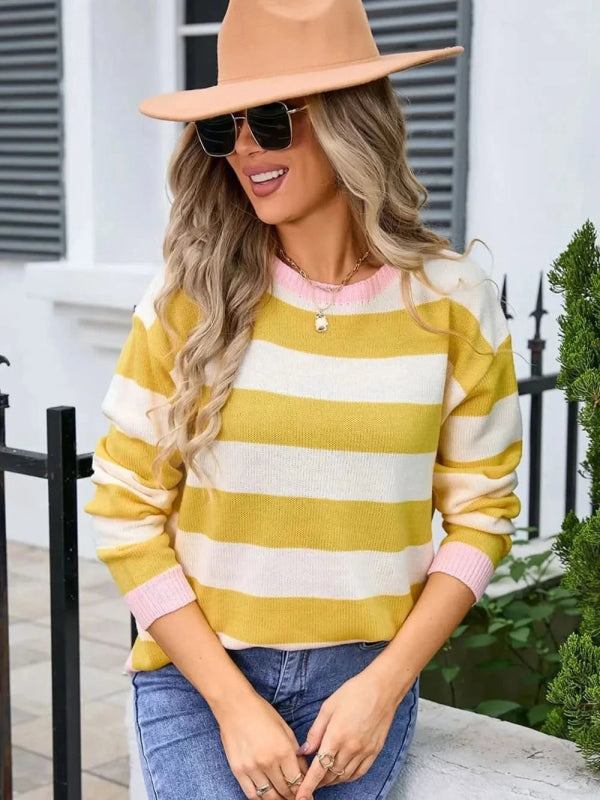 Angel Wings Striped Round Neck Dropped Shoulder Sweater - ShalayeFashion