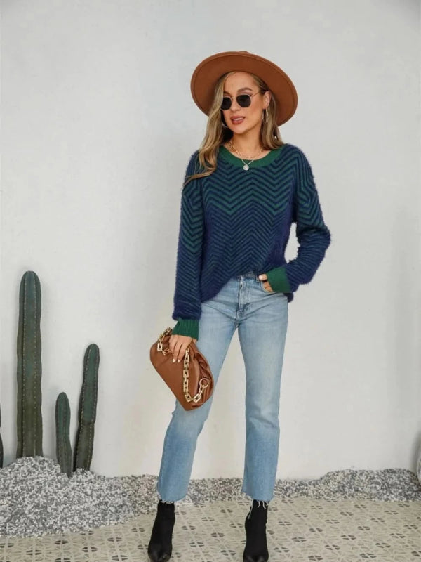 Angel Wings Striped Round Neck Dropped Shoulder Sweater - ShalayeFashion