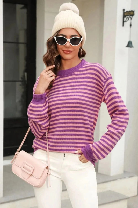 Angel Wings Striped Round Neck Dropped Shoulder Sweater - ShalayeFashion