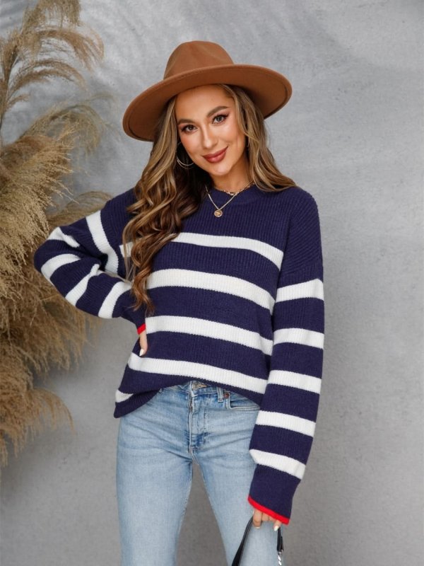 Angel Wings Striped Round Neck Dropped Shoulder Sweater - ShalayeFashion