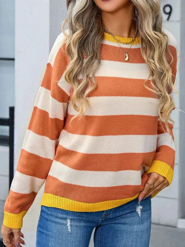 Angel Wings Striped Round Neck Dropped Shoulder Sweater - ShalayeFashion