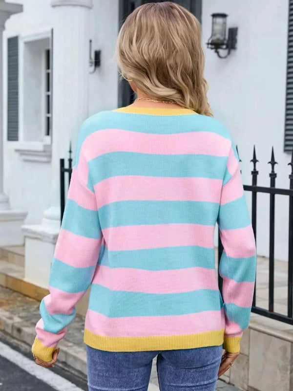 Angel Wings Striped Round Neck Dropped Shoulder Sweater - ShalayeFashion