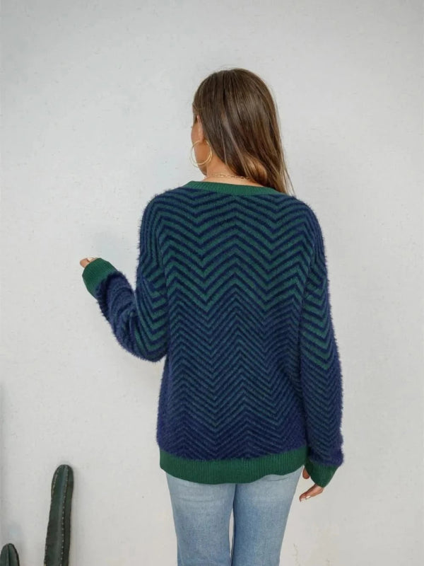 Angel Wings Striped Round Neck Dropped Shoulder Sweater - ShalayeFashion