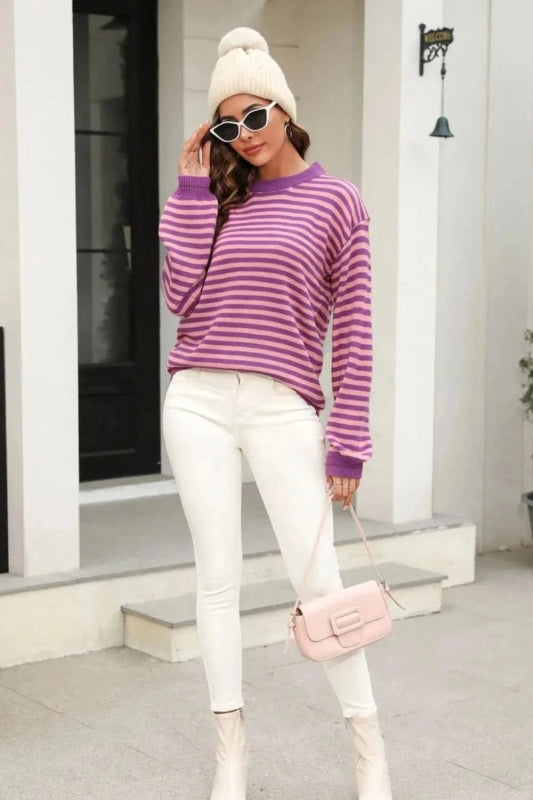 Angel Wings Striped Round Neck Dropped Shoulder Sweater - ShalayeFashion
