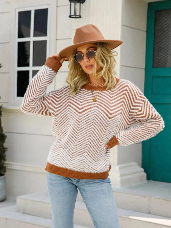 Angel Wings Striped Round Neck Dropped Shoulder Sweater - ShalayeFashion