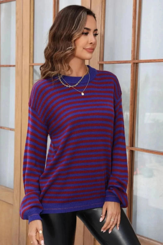 Angel Wings Striped Round Neck Dropped Shoulder Sweater - ShalayeFashion