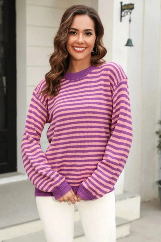 Angel Wings Striped Round Neck Dropped Shoulder Sweater - ShalayeFashion