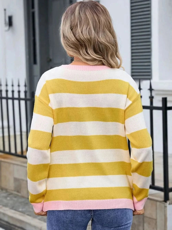 Angel Wings Striped Round Neck Dropped Shoulder Sweater - ShalayeFashion
