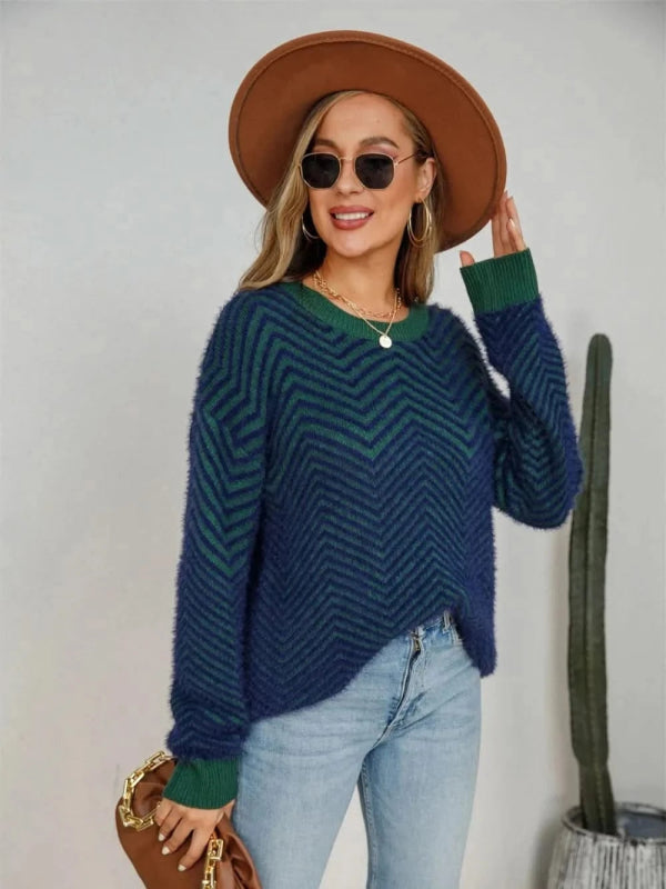 Angel Wings Striped Round Neck Dropped Shoulder Sweater - ShalayeFashion