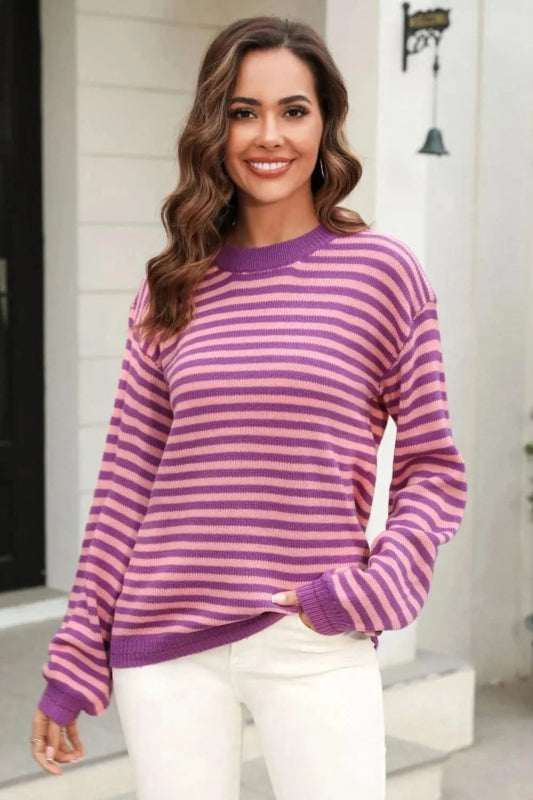 Angel Wings Striped Round Neck Dropped Shoulder Sweater - ShalayeFashion