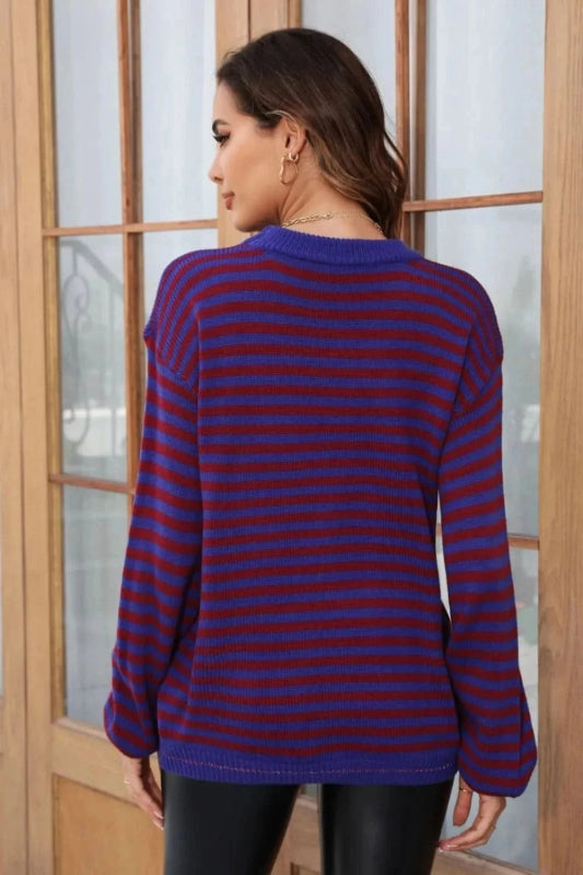 Angel Wings Striped Round Neck Dropped Shoulder Sweater - ShalayeFashion