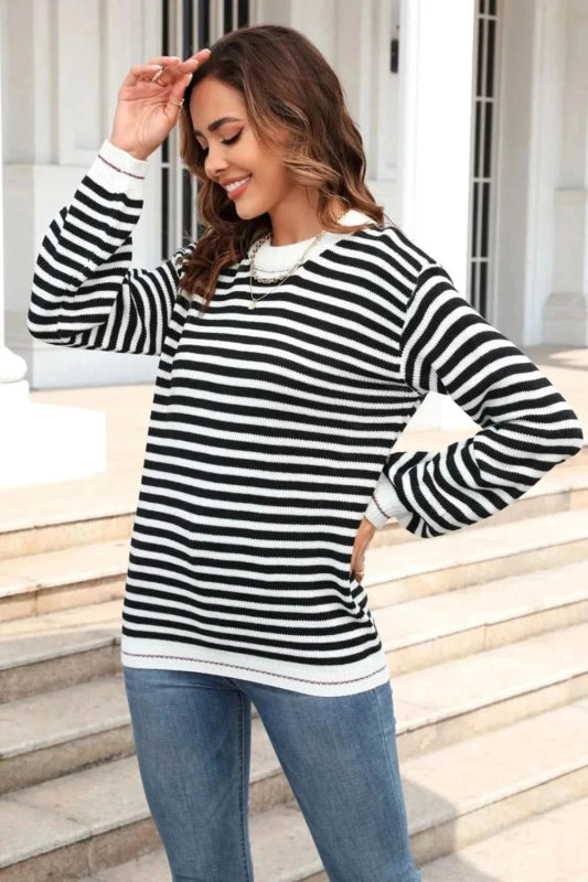 Angel Wings Striped Round Neck Dropped Shoulder Sweater - ShalayeFashion