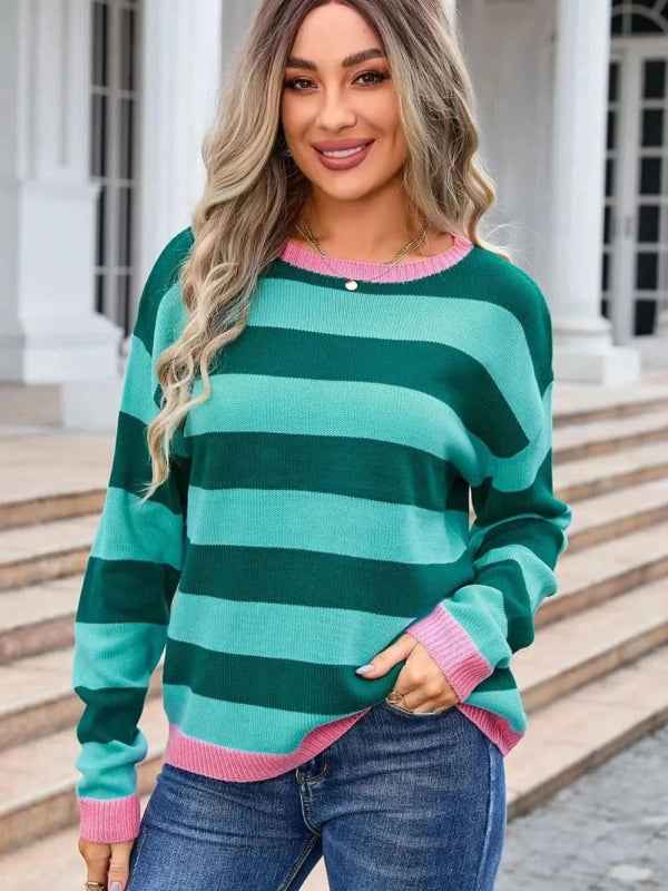 Angel Wings Striped Round Neck Dropped Shoulder Sweater - ShalayeFashion