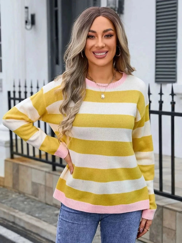 Angel Wings Striped Round Neck Dropped Shoulder Sweater - ShalayeFashion