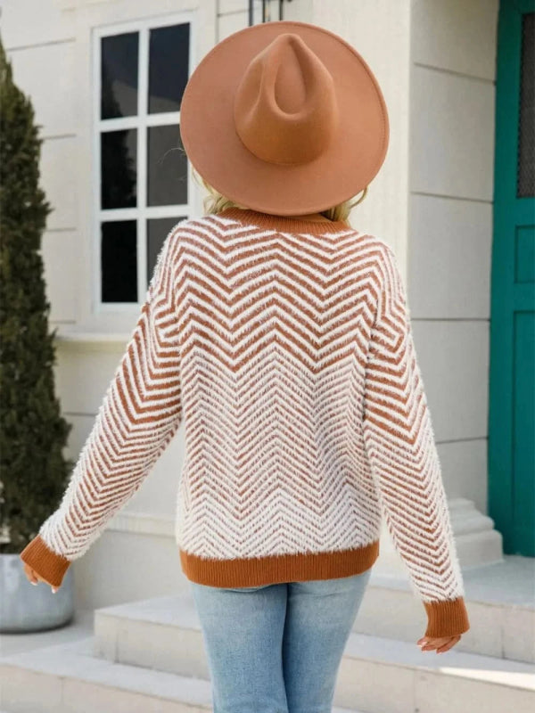 Angel Wings Striped Round Neck Dropped Shoulder Sweater - ShalayeFashion